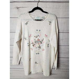 Colleens Collectables Womens Pullover Sweater White Floral Beaded Long‎ Sleeve M